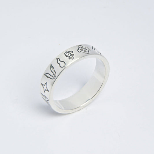 Slim silver ring with engraved OSRS gods symbols